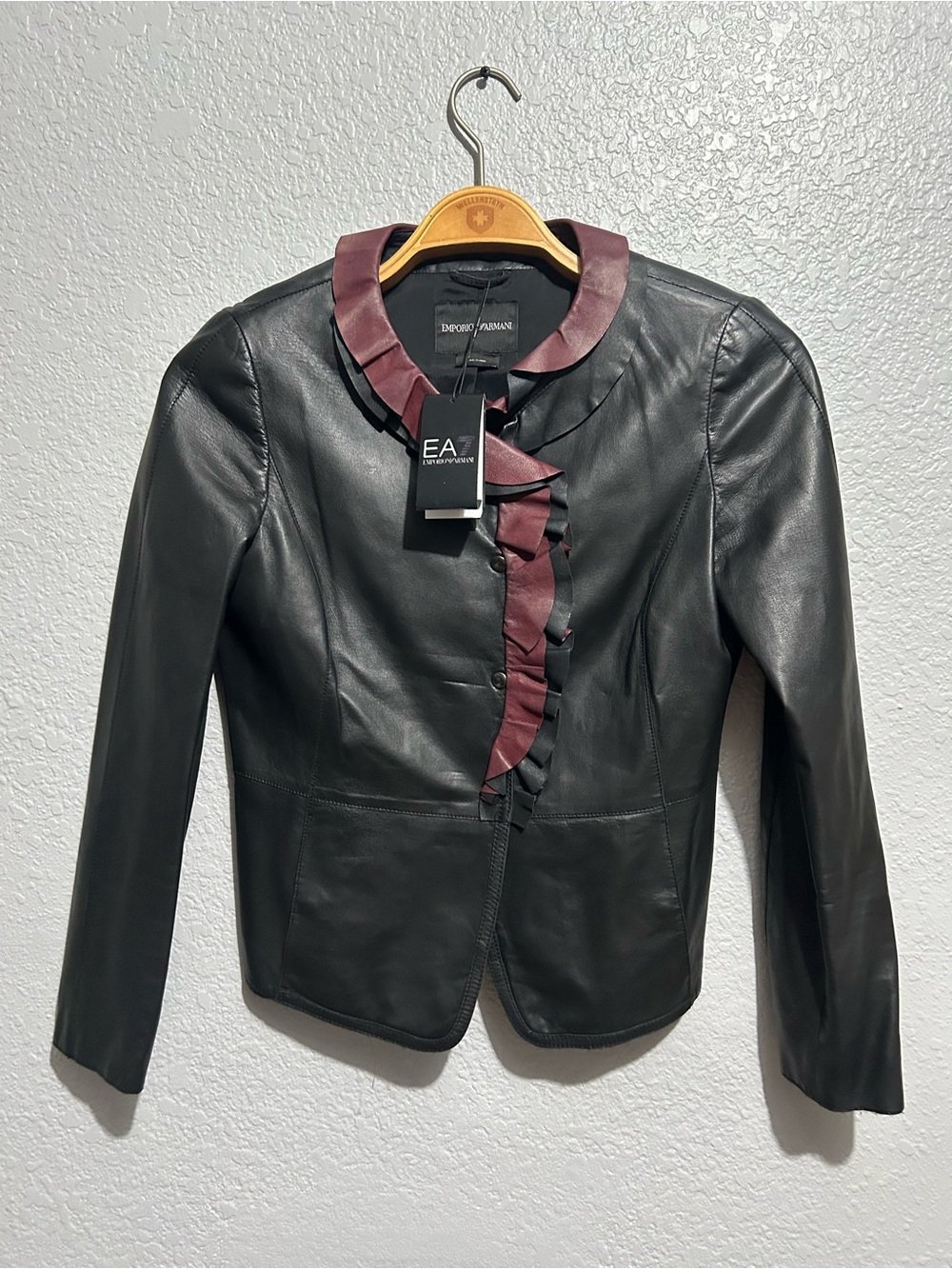 Emporio Armani Black Leather Jacket with Burgundy Ruffle Collar